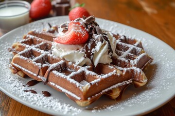 Stack of chocolate waffles with strawberries