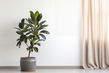 Indoor Plant Decoration in Home Interior Rubber plant in a pot on a white wall background. 3d rendering