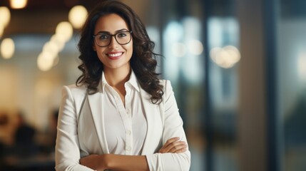 Indian businesswoman wearing a shirt and standing outside a meeting room Portrait of happy businesswoman wearing glasses