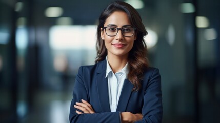 Indian businesswoman wearing a shirt and standing outside a meeting room Portrait of happy businesswoman wearing glasses