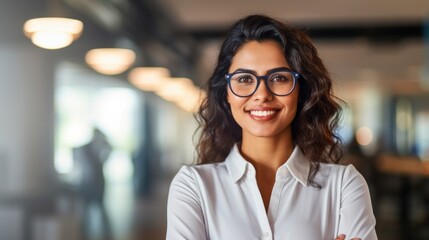 Fototapeta premium Indian businesswoman wearing a shirt and standing outside a meeting room Portrait of happy businesswoman wearing glasses