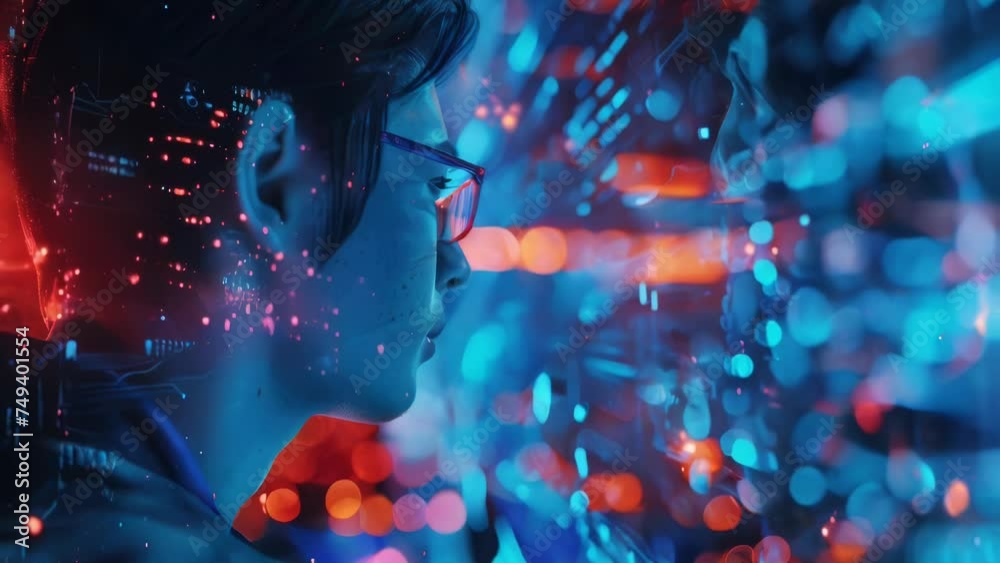 Poster A man wearing glasses looking at a computer screen. Suitable for technology and business concepts.