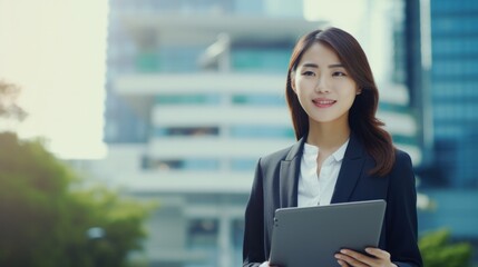 Smiling Asian businesswoman. Leader, entrepreneur, manager. Professional holding a tablet computer on the street of a big city on sky background.