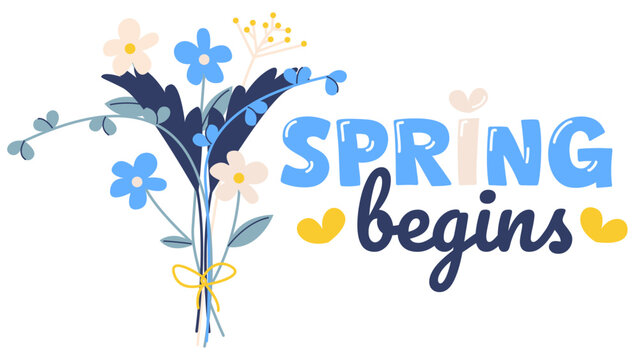 Flat vector illustration logo Hello spring. Lettering spring season with bouquets of flowers for greeting card, invitation template.