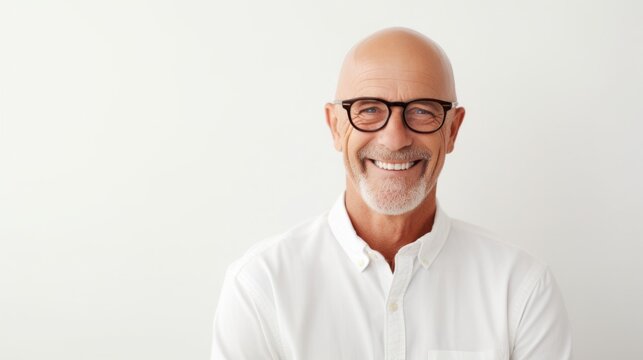 Mature man smiling on white background Stylish man wearing glasses and hat