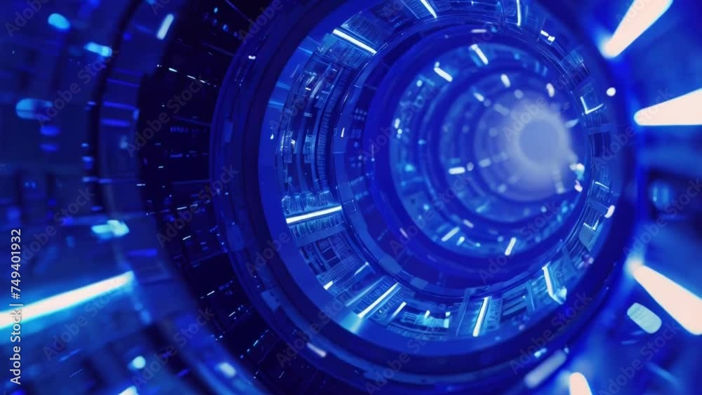 Poster A spiral shaped object with blue lights in the middle. Perfect for futuristic technology concepts.