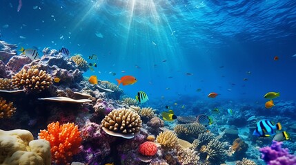 Underwater coral reef landscape background  in the deep blue ocean with colorful fish and marine life - obrazy, fototapety, plakaty