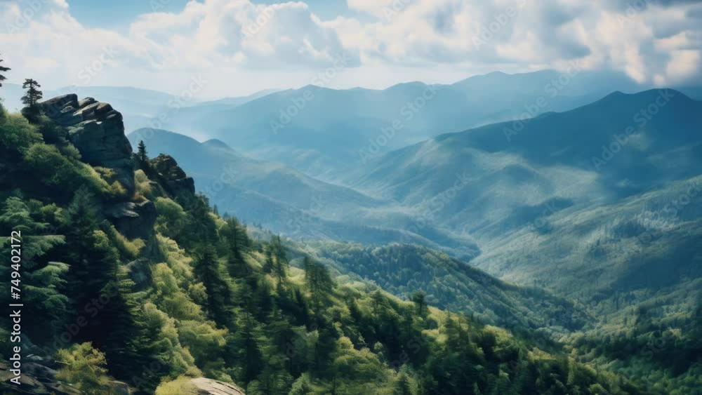 Poster a stunning view of the mountains from a high cliff. perfect for travel and adventure concepts.