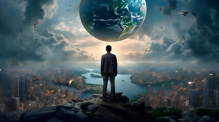 man in suit looking at the world, world connectivity, globalization concept - obrazy, fototapety, plakaty