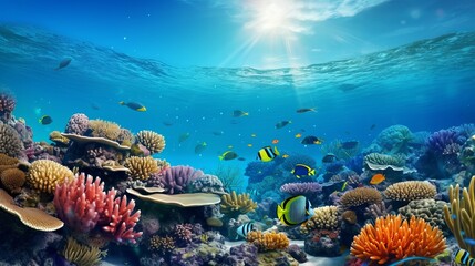 Naklejka na ściany i meble Underwater coral reef landscape super wide banner background in the deep blue ocean with colorful fish and marine life
