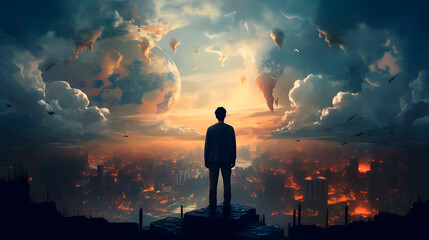 Fototapeta premium man in suit looking at the world, world connectivity, globalization concept