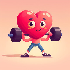 A cute cartoon red heart is lifting weights, and meditating. Cardio workouts, sports, and living a healthy lifestyle. Vibrant  flat vector illustration of a strong and healthy heart