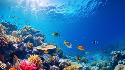 Underwater coral reef landscape wide panorama background  in the deep blue ocean with colorful fish and marine life