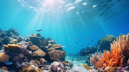 Naklejka na ściany i meble Underwater Diving - Tropical Scene With Sea Life In The Reef