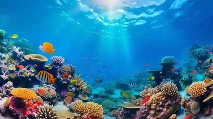 Fototapeta na wymiar Underwater coral reef landscape wide panorama background in the deep blue ocean with colorful fish and marine life