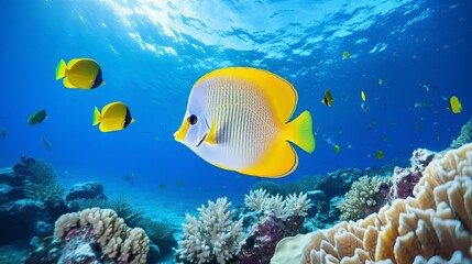 Fototapeta na wymiar Underwater image of coral reef and Masked Butterfly Fish