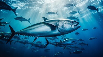 Fototapeta premium Underwater Image of School of Dogtooth Tuna Fish in the Sea