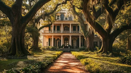 Foto op Aluminium the beauty of a Southern Plantation home with a grand front porch and columns, surrounded by magnolia trees © Tina