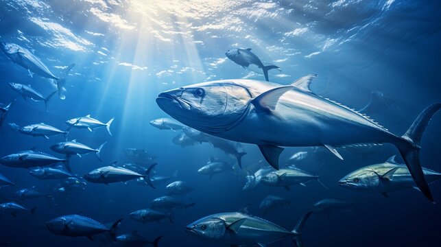 Underwater Image of School of Dogtooth Tuna Fish in the Sea