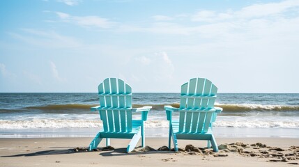Serenity beach scene with two empty lounge chairs by the ocean, relaxation concept