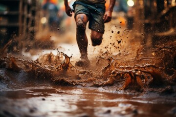 close up shot of a rugby player s muddy legs, capturing the intensity and determination of the sport. - obrazy, fototapety, plakaty