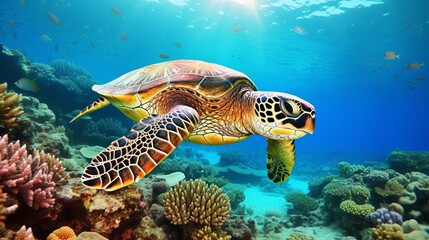 Obraz premium Underwater panorama with turtle, coral reef and fishes. Red Sea, Egypt