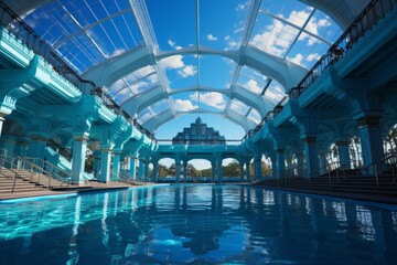 A vibrant olympic swimming pool captures the spirit of champions, where aspirations take flight and limits are surpassed