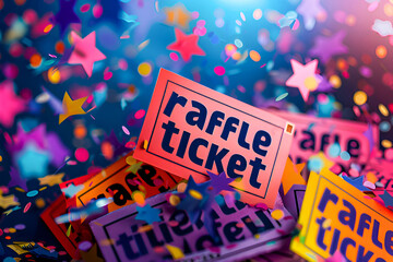 A raffle ticket background. Colorful tickets are isolated on a confetti background with the text "RAFFLE TICKET". Contest winning, participating, celebration concept. Lottery