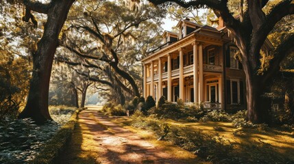 the beauty of a Southern Plantation home with a grand front porch and columns, surrounded by magnolia trees