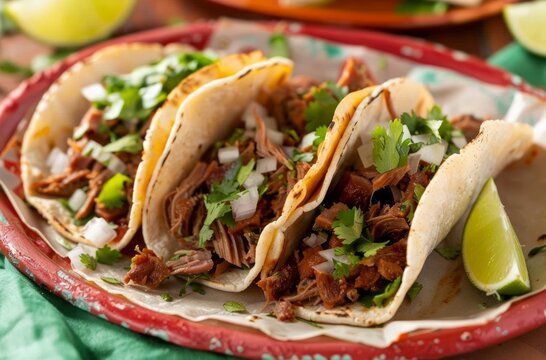 Plate of pork tacos with lime, mexican food stock photo