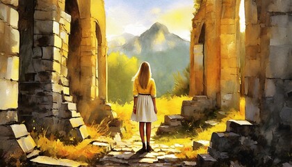 Fototapeta premium woman standing on the top of the castle