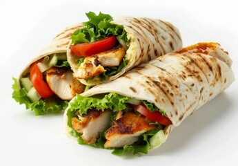 Two chicken wraps placed on white background, colorful mexican food photo
