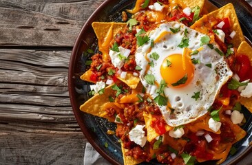 Plate of taco nachos with fried egg, mexican food background image