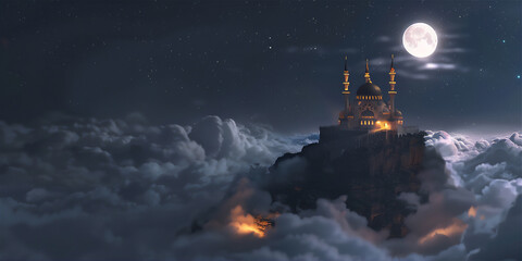 Mosque on the edge of rock cliff with sea of clouds at night with full moon - obrazy, fototapety, plakaty