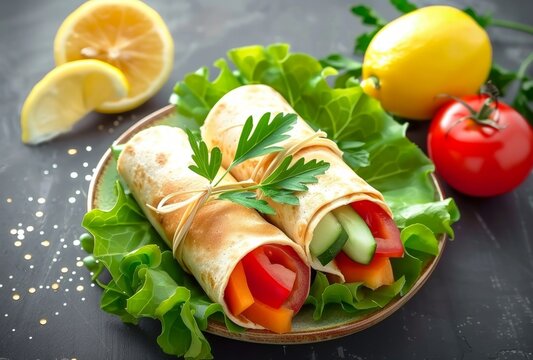 A plate with a wrap with vegetables and lemon, mexican food stock photo