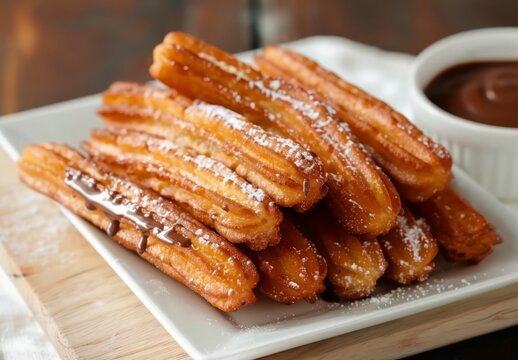 Chocolate danish dipped churros in milk chocolate dip, tasty mexican dish image