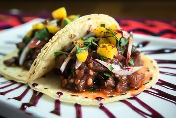Grilled beef tacos with mango sauce, mexican food stock photo