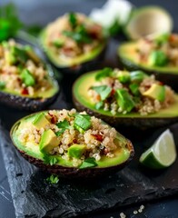 Four avocados stuffed with quinoa served on a black slate plate, mexican food stock photo