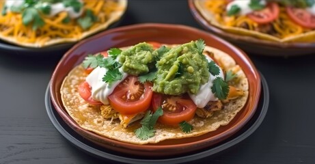 A plate of chicken tortillas topped with guacamole and tomatoes, authentic mexican cuisine image