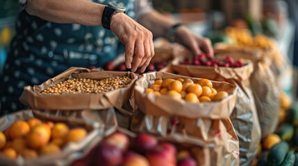 Fototapeta premium Volunteers pack and distribute food efficiently, donation center, helping disaster victims the poor and homeless.