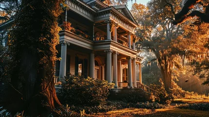 Foto op Plexiglas the beauty of a Southern Plantation home with a grand front porch and columns, surrounded by magnolia trees © Tina