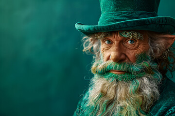 Portrait of an old man wearing a Leprechaun costume. Saint Patrick's Day celebration. Happy Holiday. Hat, green background. Shamrock. Copy space illustration. - obrazy, fototapety, plakaty