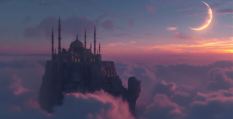 Mosque on the edge of rock cliff with sea of clouds at sunset  with crescent moon - obrazy, fototapety, plakaty