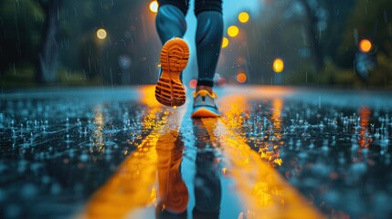 Close-up feet of marathon athlete training , the rhythmic beat of runners' feet on the road echoing their athletic determination.