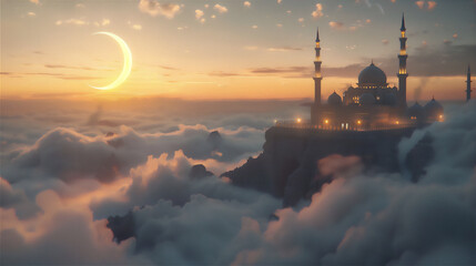 Mosque on the edge of rock cliff in universe with clouds and moon at sunset in surrealism style illustration 