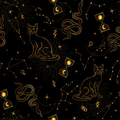 Golden seamless pattern with stars, constellations, cats, snakes and runes. Horoscope. Zodiac signs, esotericism.