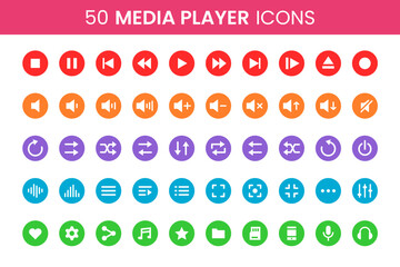50 Media Player Icons Flat Design Style. Simple Multimedia Vectors. Perfect Web and Mobile Illustrations.