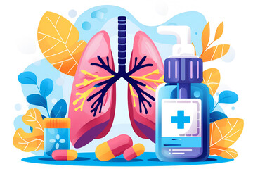 Health anatomy of human lungs. Colorful flat vector illustration background - World Asthma Day. An inhaler.