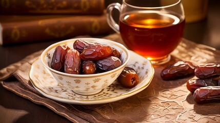 A vintage bowl of dates and a cup of tea