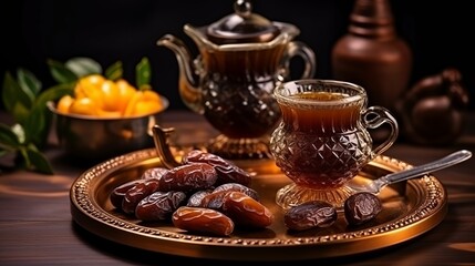 Obraz na płótnie Canvas A set of Arabic tea cups with dates. Traditional Middle eastern hot beverage- black coffee served with sweet dates